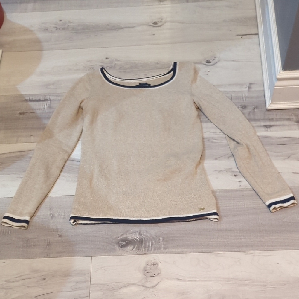Beige Sweater with Navy Trim